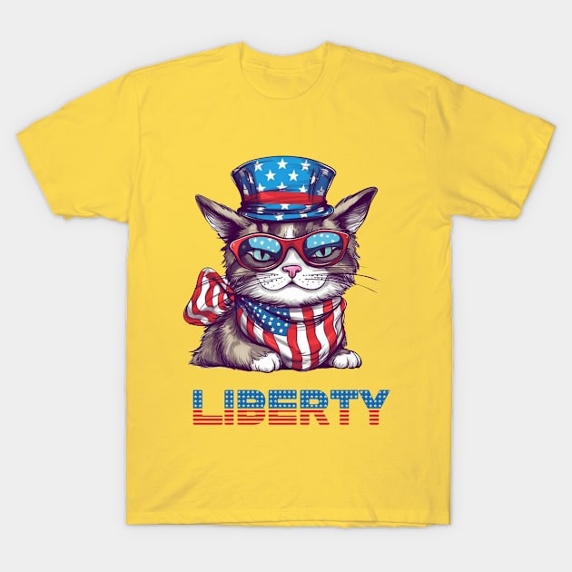 Liberty Cat, Patriotic 4th of July Design T-Shirt by PaperMoonGifts